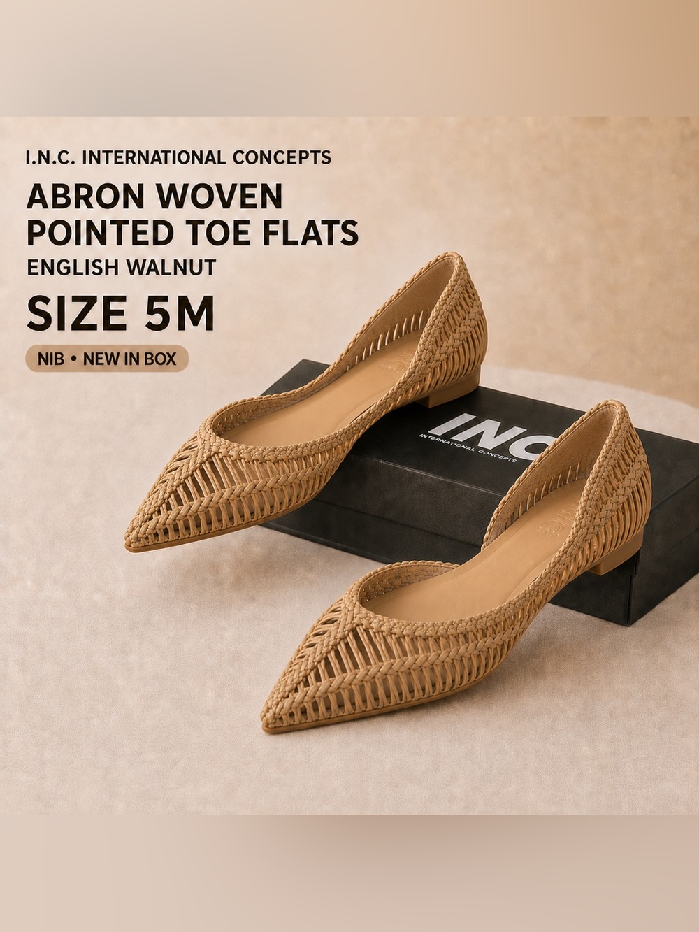 INC International Concepts Abron Woven Pointed Toe Flats English Walnut 5M NIB